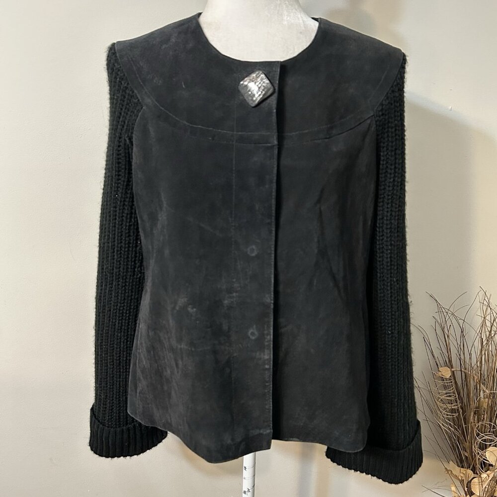 Vtg Y2K 90s LAL Live A Little Women Black Suede Leather Knit Button Jacket Sz L